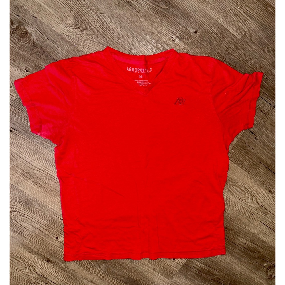 Aeropostale Mens V-Neck T-Shirt Red Short Sleeve A87 Logo Cotton Large